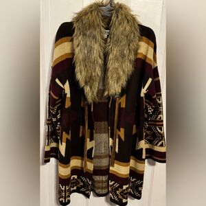 Rockin C wool blend;Multicolor Cardigan with Faux Fur Collar; size small